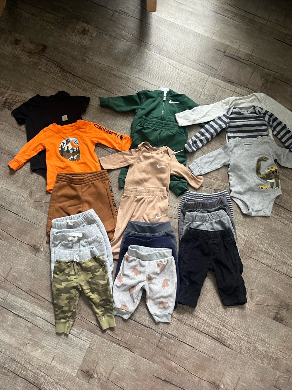 Mixed Baby Clothing Lot with Carhartt & Nike Pieces - Orange, Green, Tan, Gray